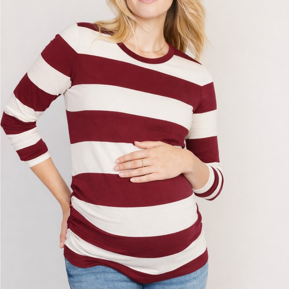 Old Navy Maternity maroon white stripe fitted long sleeve cotton tee size medium